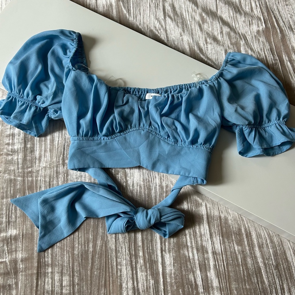Better Be Blue Puff Sleeve Crop Top with Tie Front and Ruffled Style